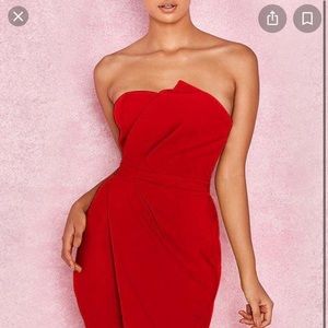 Red asymmetric strapless dress